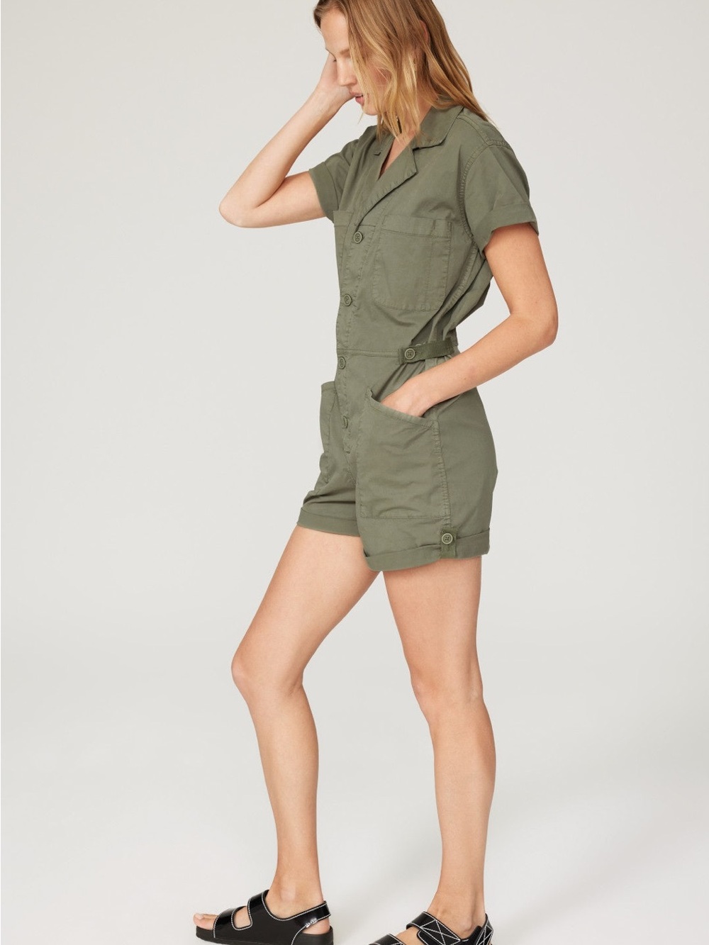 PISTOLA Parker Olive Utility Short-Sleeve Romper - Picture 2 of 6